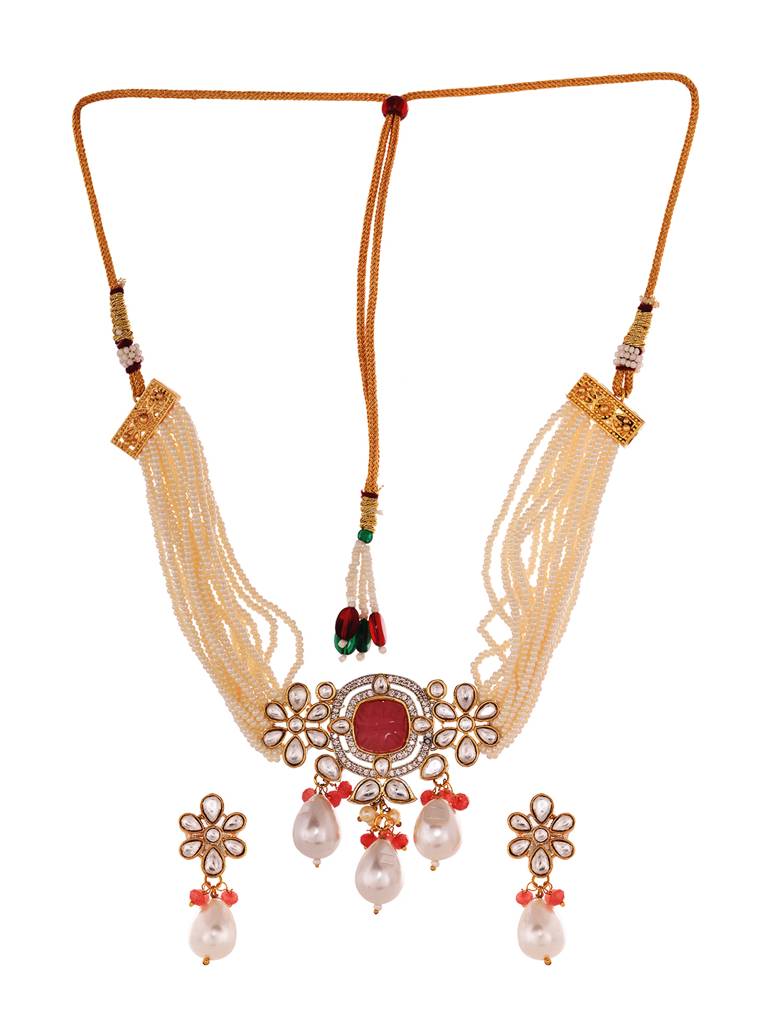 Gold Plated Kundan With Natural Pearl Beaded Choker Jewellery Set : SJNK1954