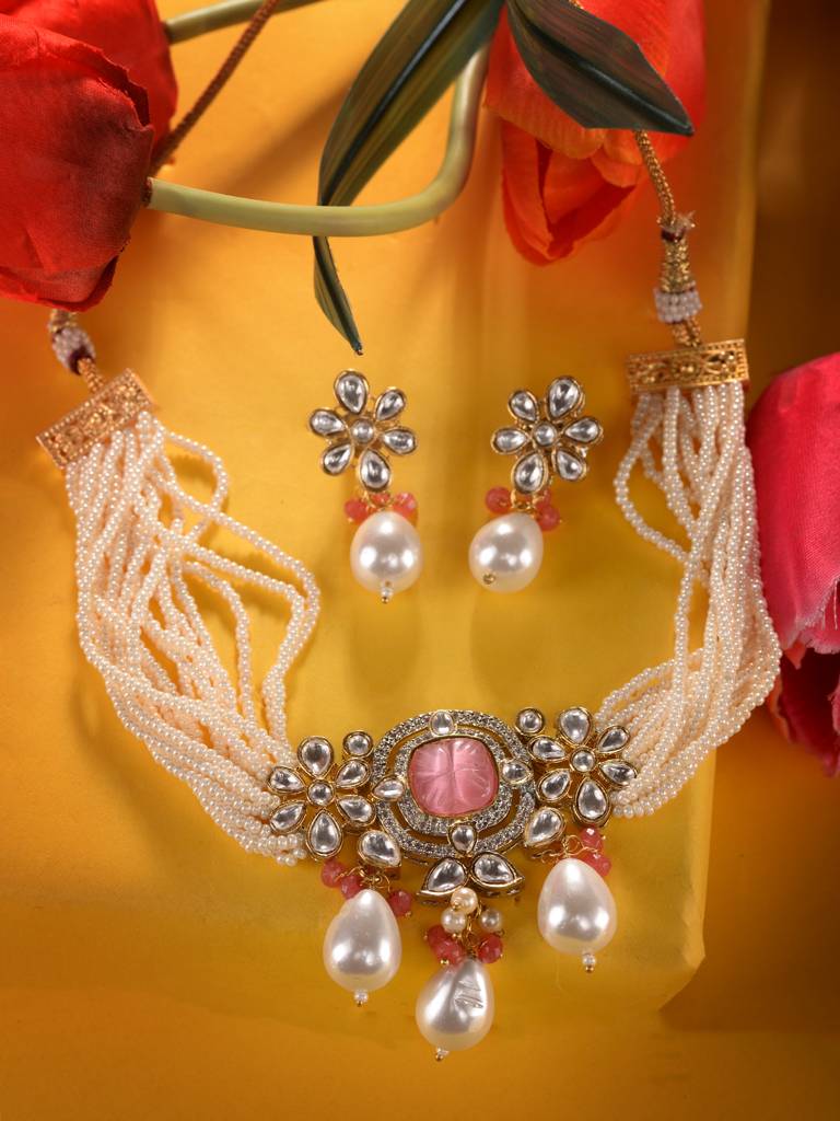 Gold Plated Kundan With Natural Pearl Beaded Choker Jewellery Set : SJNK1954
