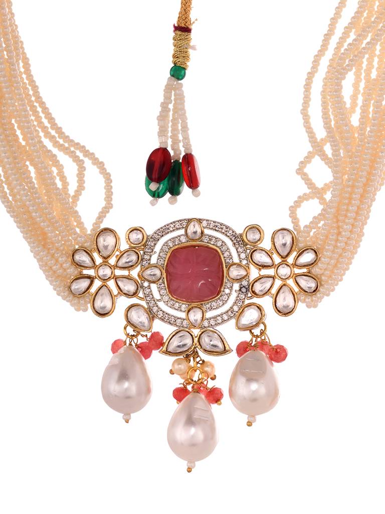 Gold Plated Kundan With Natural Pearl Beaded Choker Jewellery Set : SJNK1954