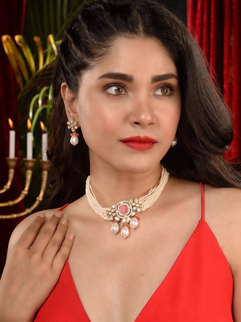 Gold Plated Kundan With Natural Pearl Beaded Choker Jewellery Set : SJNK1954