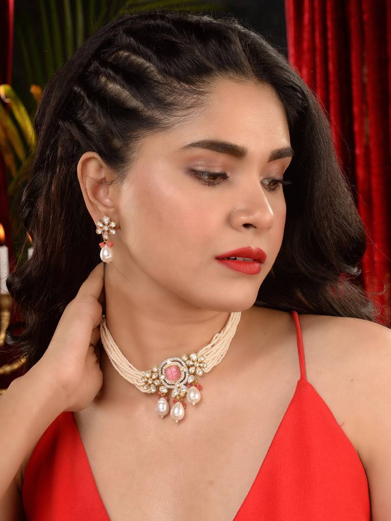 Gold Plated Kundan With Natural Pearl Beaded Choker Jewellery Set : SJNK1954
