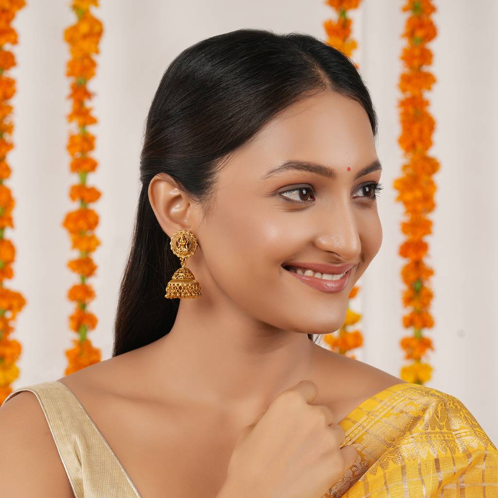 Long Antique Gold Plain Ma Lakshmi Jhumka Earring I Temple Jewellery : SJ369