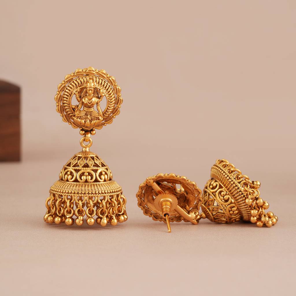 Long Antique Gold Plain Ma Lakshmi Jhumka Earring I Temple Jewellery : SJ369