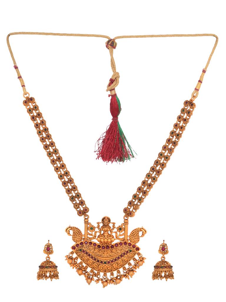 Gold Plated Red Kempo Goddess Lakshmi Deseigner Temple Jewellery Set : SJNK1960