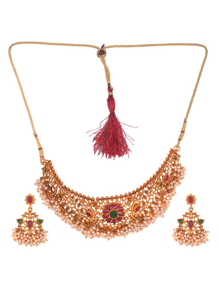 Gold Plated Red Kempo & Pearl Beaded Choker Necklace Set : SJNK1962