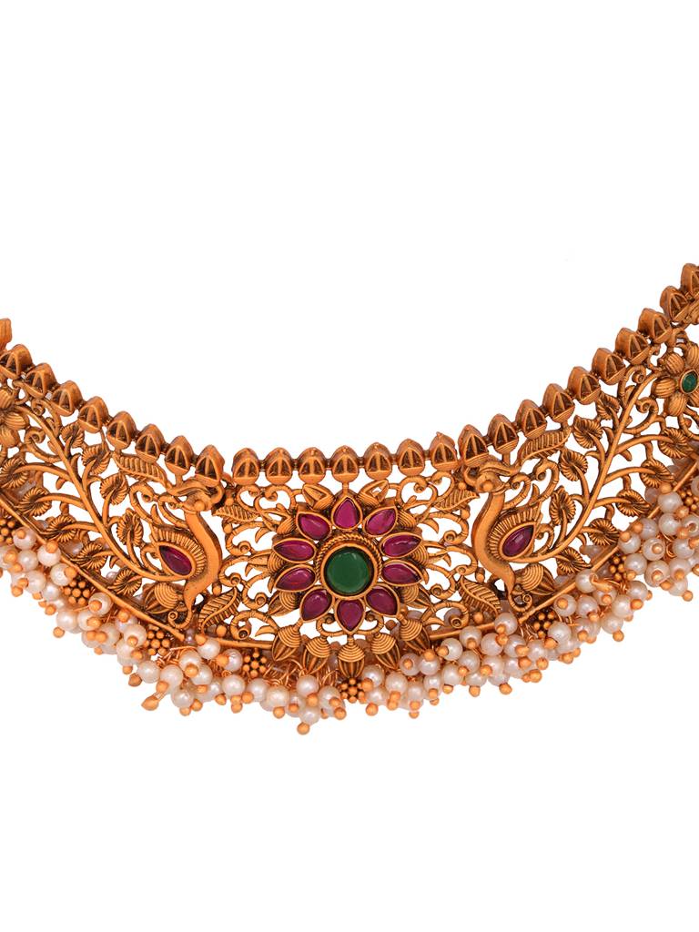 Gold Plated Red Kempo & Pearl Beaded Choker Necklace Set : SJNK1962
