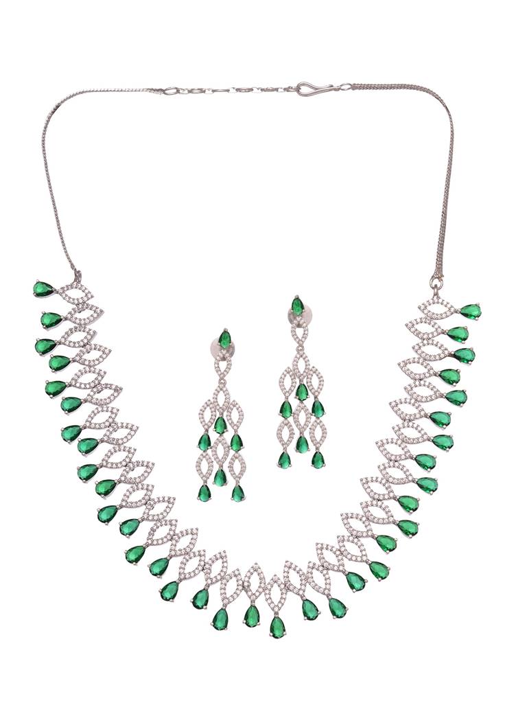 Silver Plated Green Ad Studded Chandelier Necklace Jewellery Set : SJNK1966