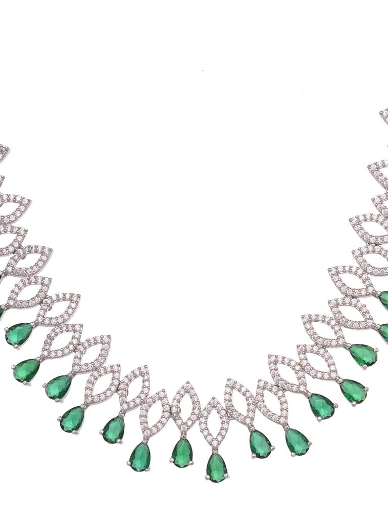 Silver Plated Green Ad Studded Chandelier Necklace Jewellery Set : SJNK1966