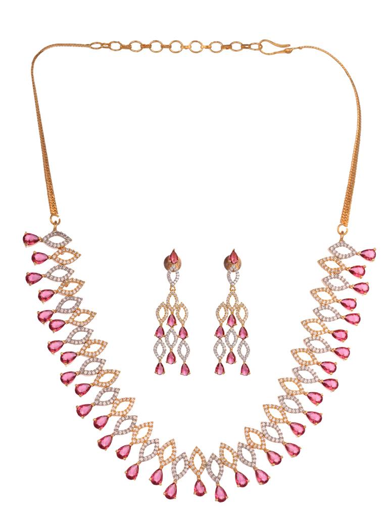 Gold Plated Red Ad Studded Chandelier Necklace Jewellery Set : SJNK1967
