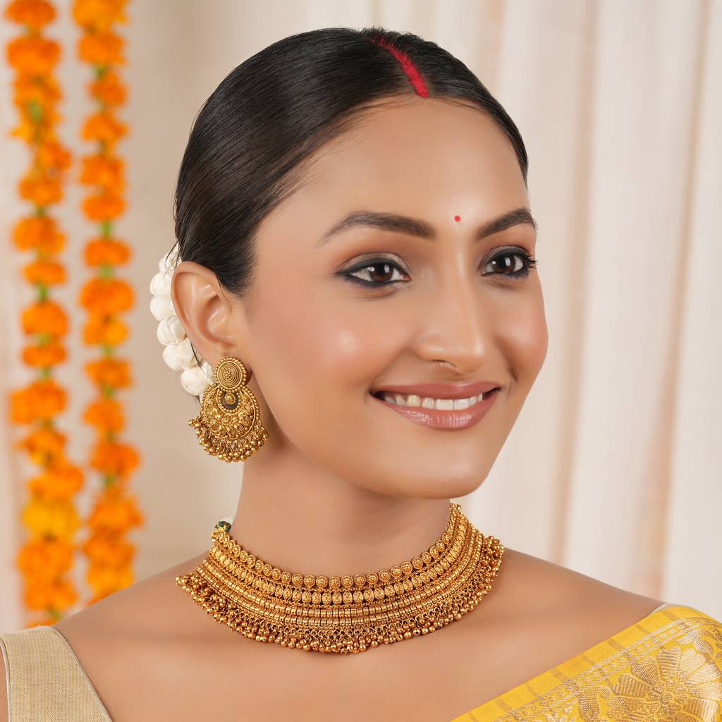 Stunning Antique Plain Gold Choker Set For Women : SJ375