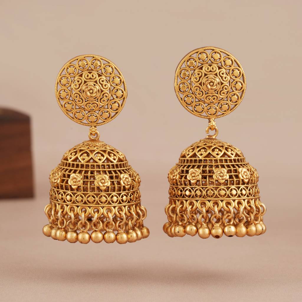Stunning Plain Antique Gold Floral Jhumka Earring : SJ377