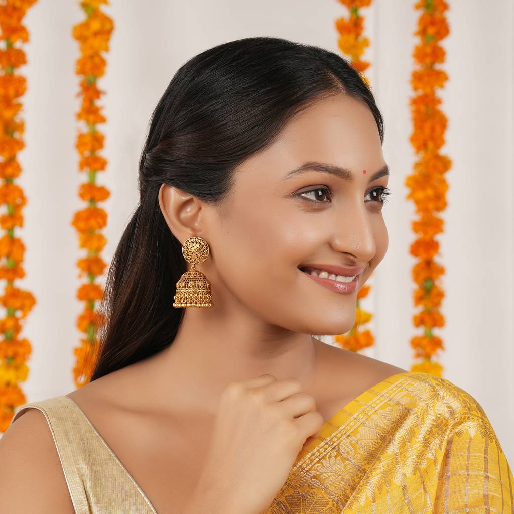 Stunning Plain Antique Gold Floral Jhumka Earring : SJ377