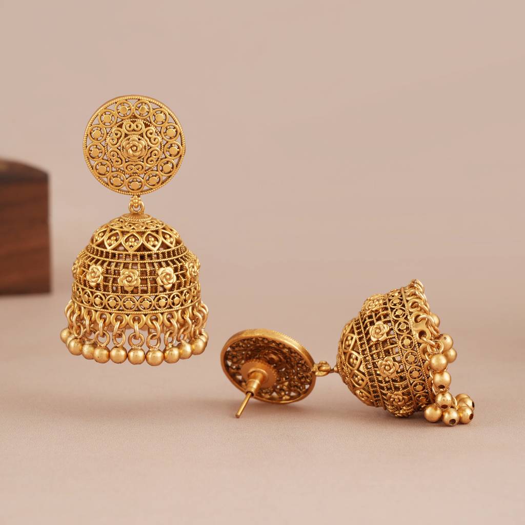 Stunning Plain Antique Gold Floral Jhumka Earring : SJ377