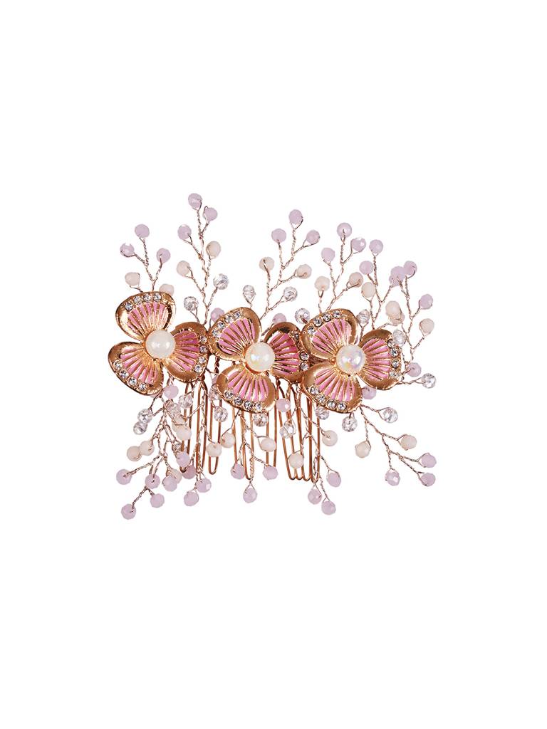 Gold Toned Pink Ad Embellished Bridal Comb Pin : SJHC1979
