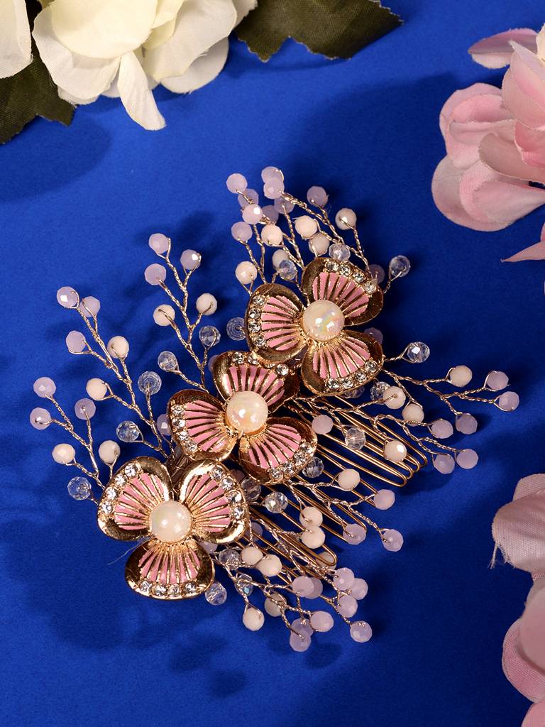 Gold Toned Pink Ad Embellished Bridal Comb Pin : SJHC1979