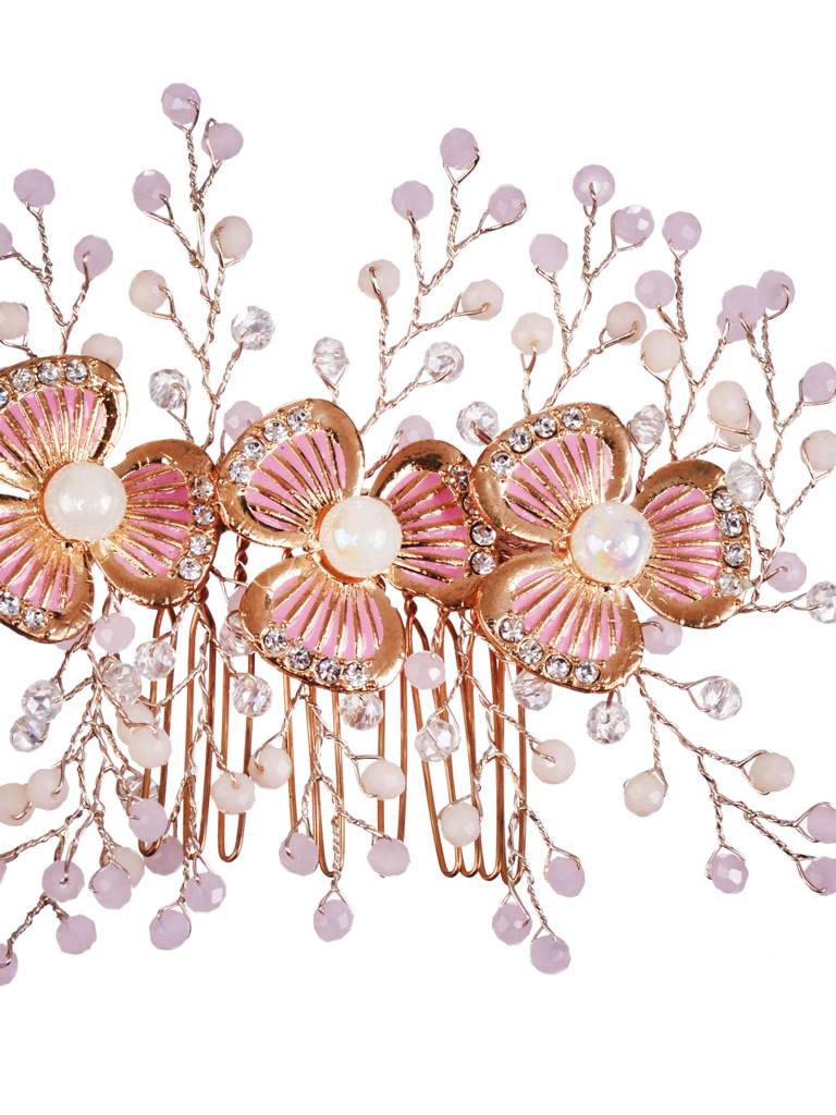 Gold Toned Pink Ad Embellished Bridal Comb Pin : SJHC1979