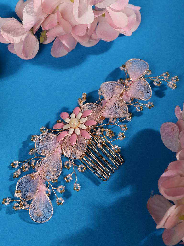 Gold Toned Pink Flower Embellished Bridal Hair Accessory : SJHC1980