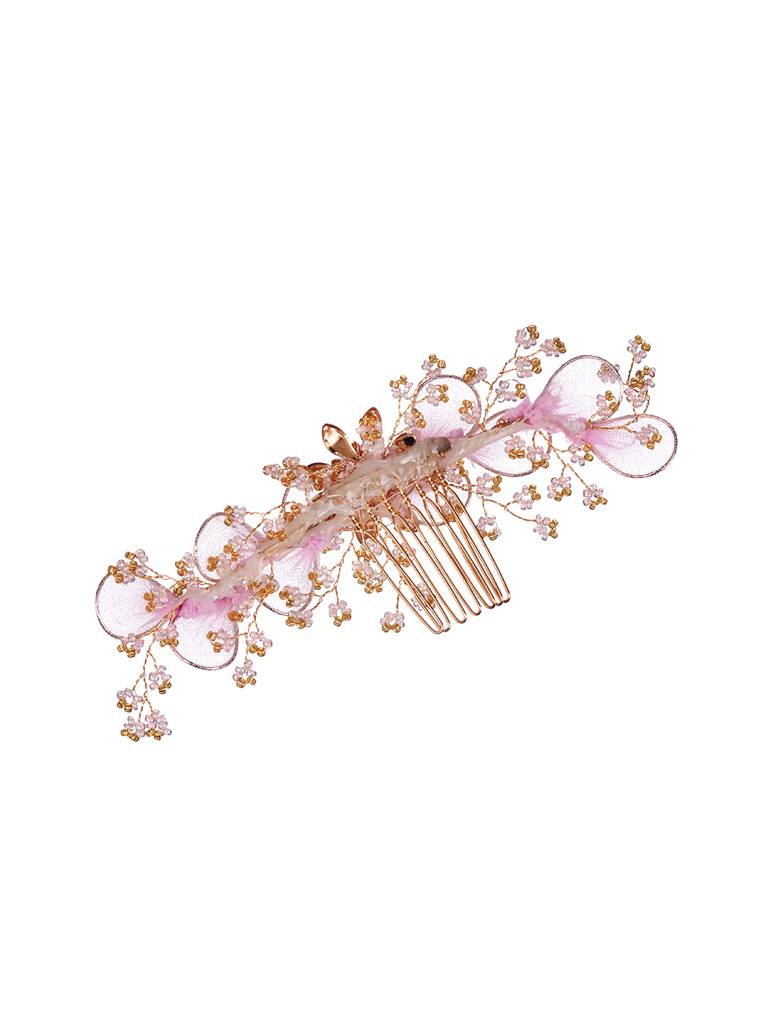 Gold Toned Pink Flower Embellished Bridal Hair Accessory : SJHC1980