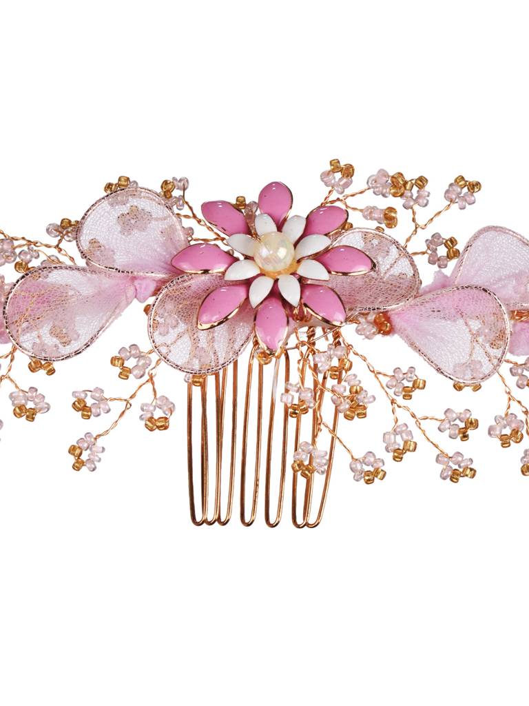 Gold Toned Pink Flower Embellished Bridal Hair Accessory : SJHC1980