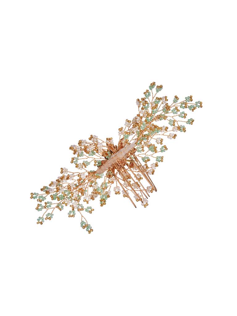 Gold Toned Green Pearl Beaded Bridal Hair Pin : SJHC1982