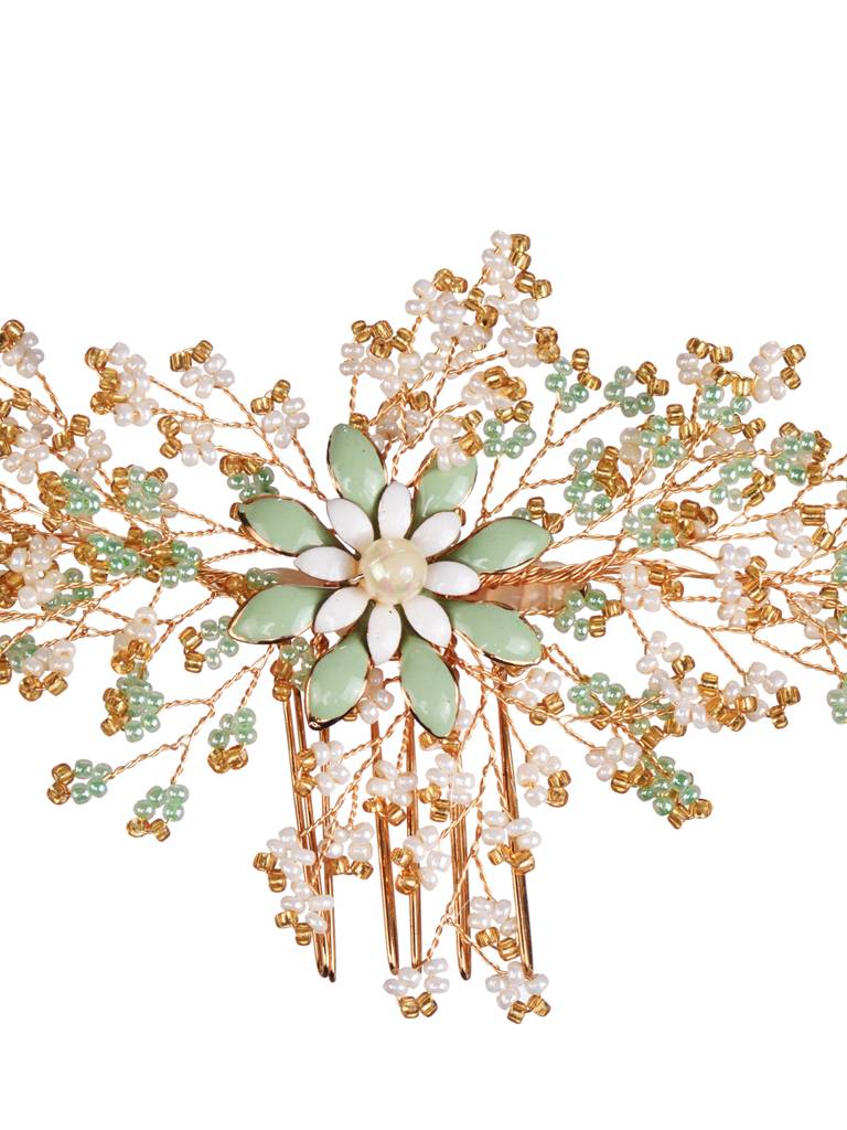Gold Toned Green Pearl Beaded Bridal Hair Pin : SJHC1982