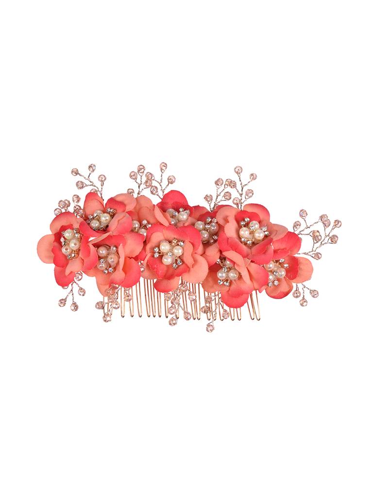 Peach Flowers Pearls & Crystal Embellished Bridal Hair Tiara : SJHC1984