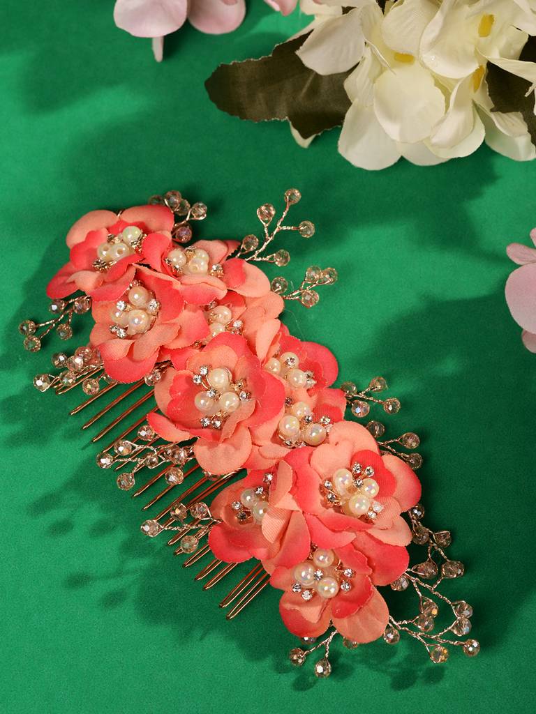 Peach Flowers Pearls & Crystal Embellished Bridal Hair Tiara : SJHC1984