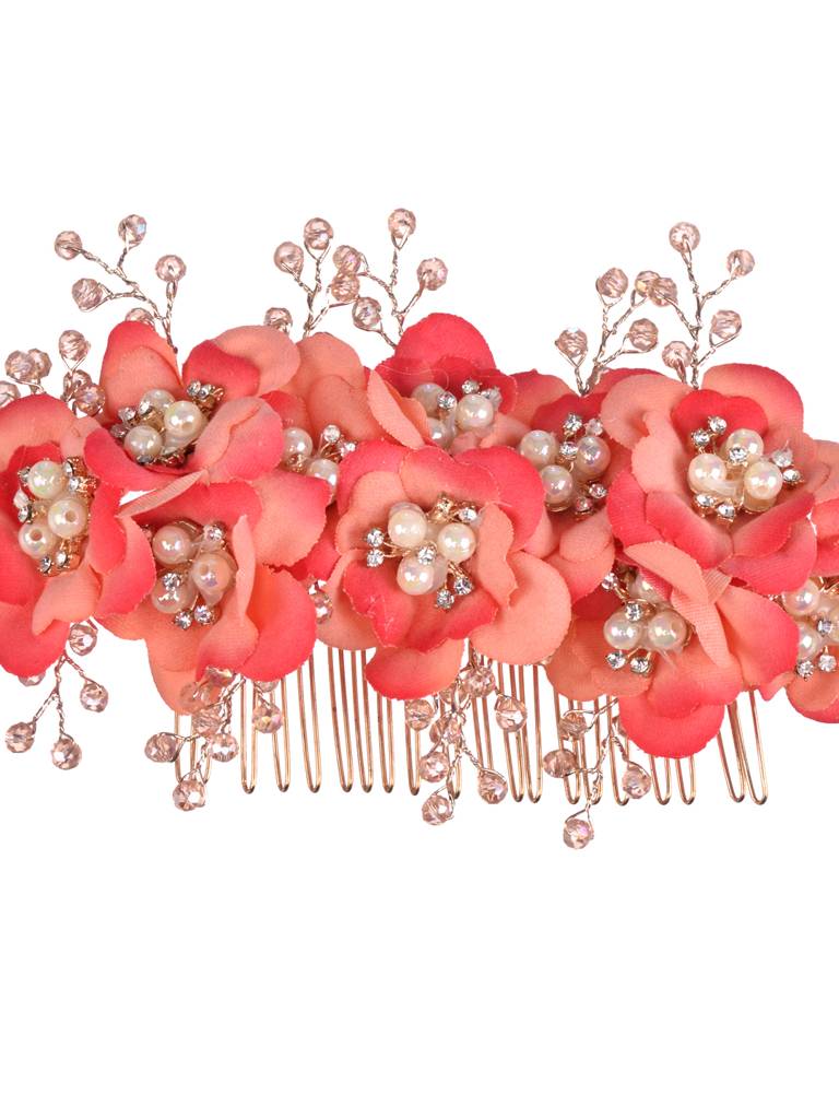 Peach Flowers Pearls & Crystal Embellished Bridal Hair Tiara : SJHC1984