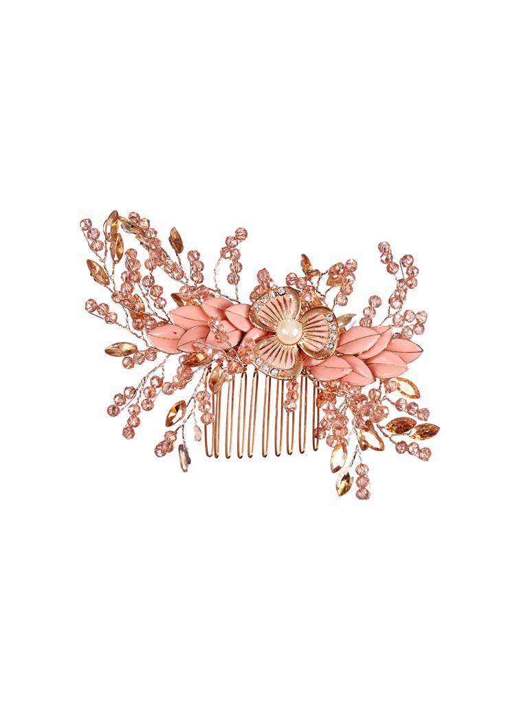 Pink Gold Toned Pearl Beaded & Embellished Bridal Comb Pin : SJHC1986