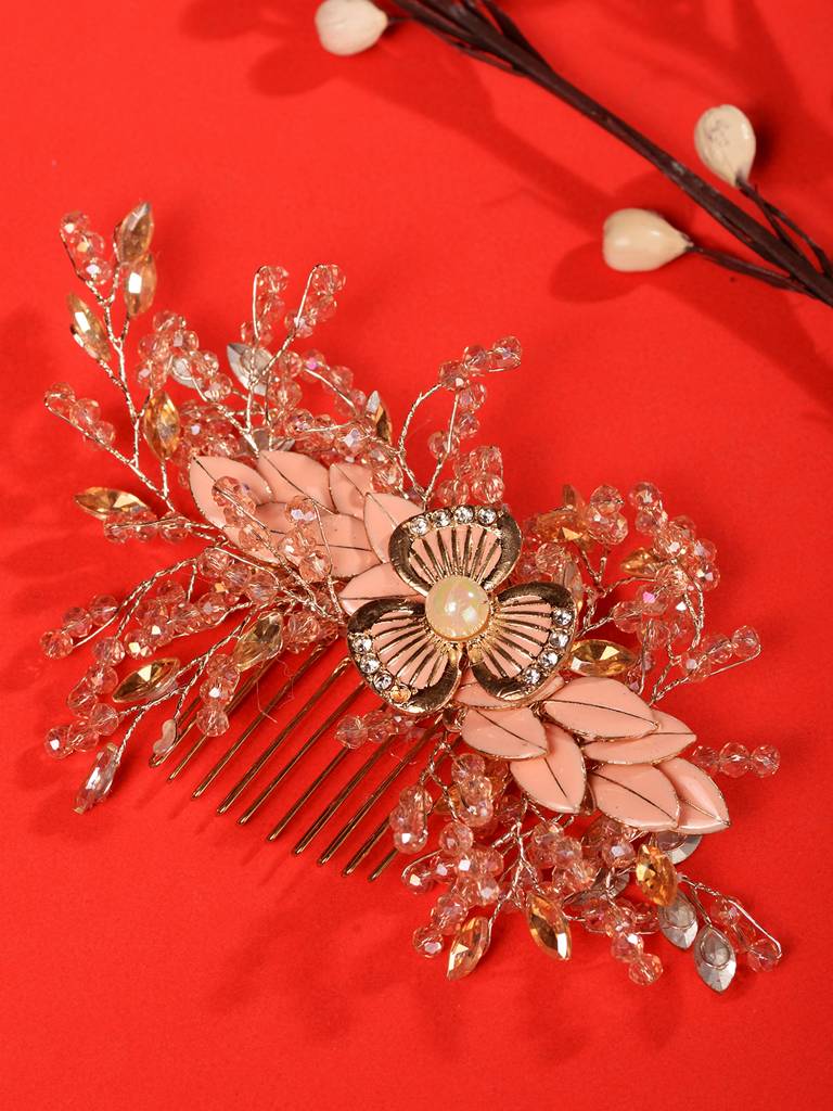 Pink Gold Toned Pearl Beaded & Embellished Bridal Comb Pin : SJHC1986