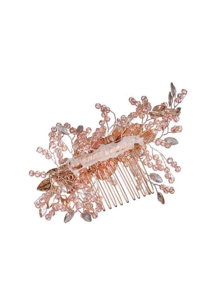 Pink Gold Toned Pearl Beaded & Embellished Bridal Comb Pin : SJHC1986