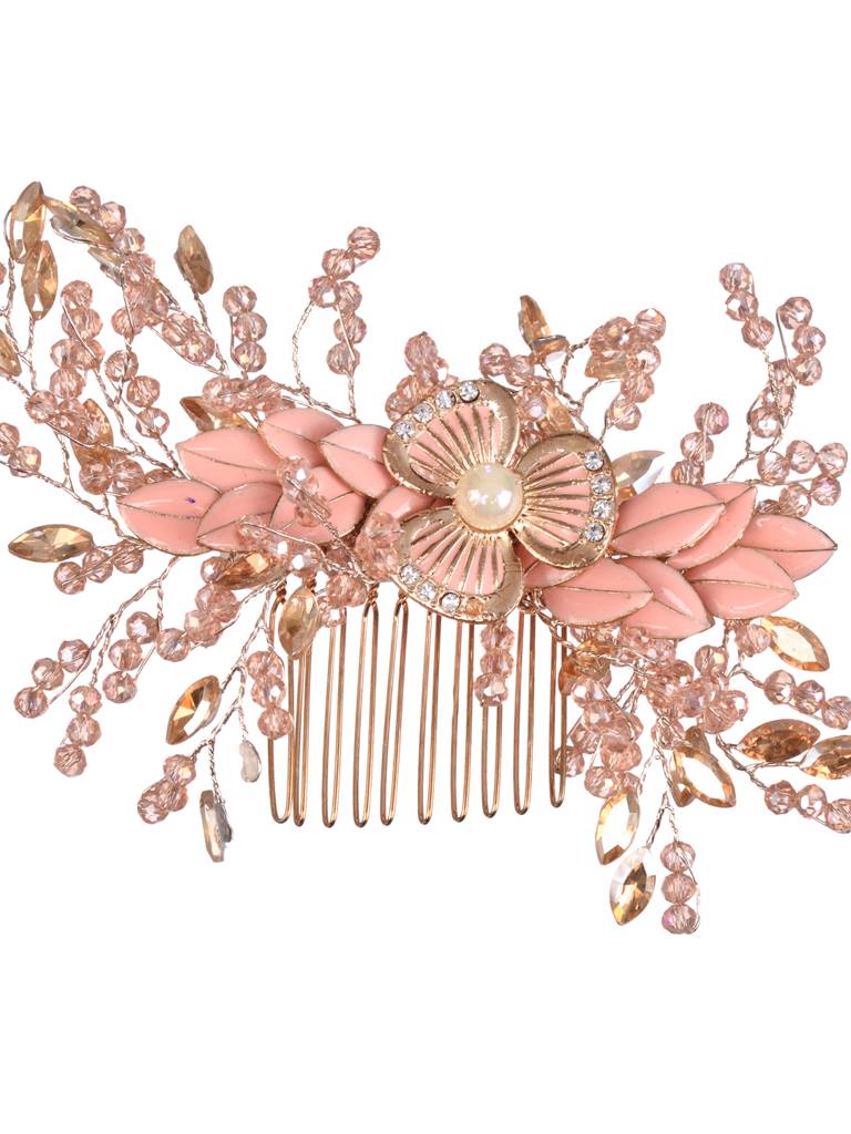 Pink Gold Toned Pearl Beaded & Embellished Bridal Comb Pin : SJHC1986