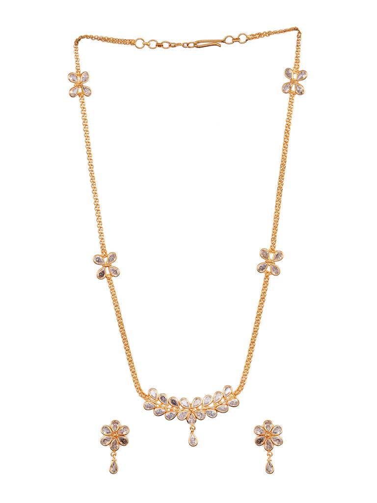 Gold Toned Ad Studded Minimal Designer Necklace Jewellery Set : SJNK1987