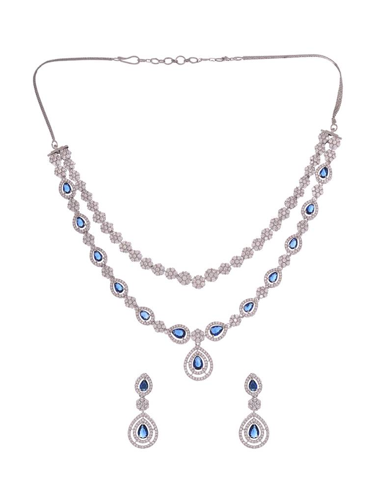 Silver Toned Blue Ad Studded Double Layer Necklace Jewellery Set : SJNK1988