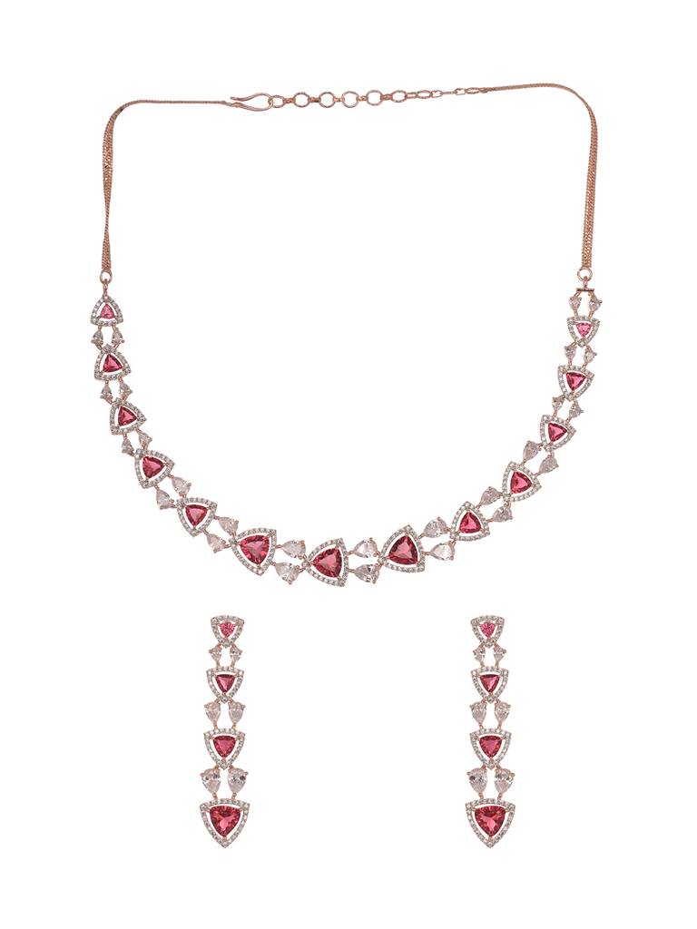 Rose Gold Plated Red Ad Studded Triangle Shaped Designer Necklace Jewellery Set : SJNK1989