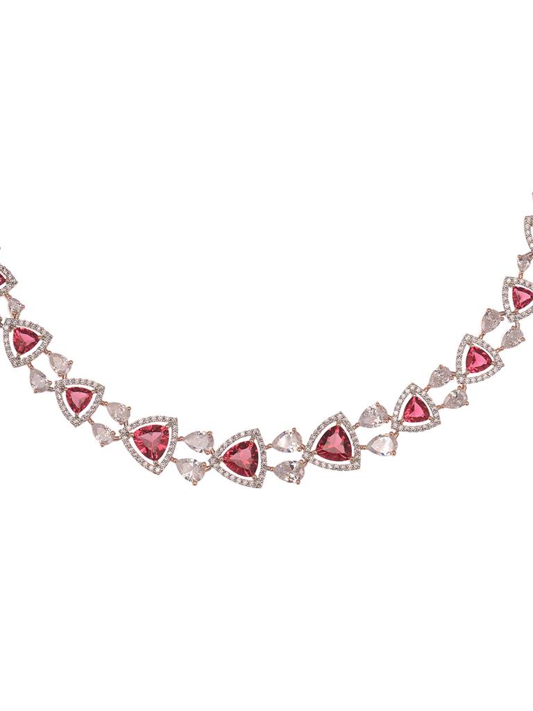 Rose Gold Plated Red Ad Studded Triangle Shaped Designer Necklace Jewellery Set : SJNK1989