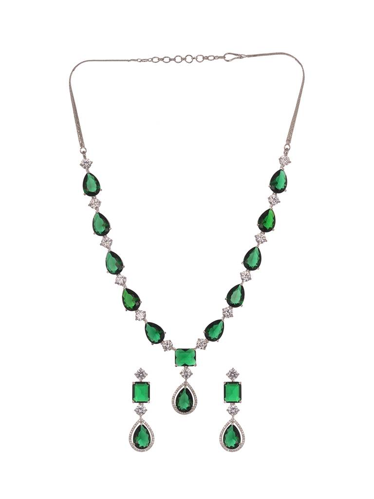 Silver Toned Green Ad Studfded Designer Necklace Jewellery Set : SJNK1991