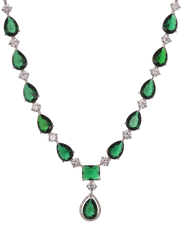 Silver Toned Green Ad Studfded Designer Necklace Jewellery Set : SJNK1991