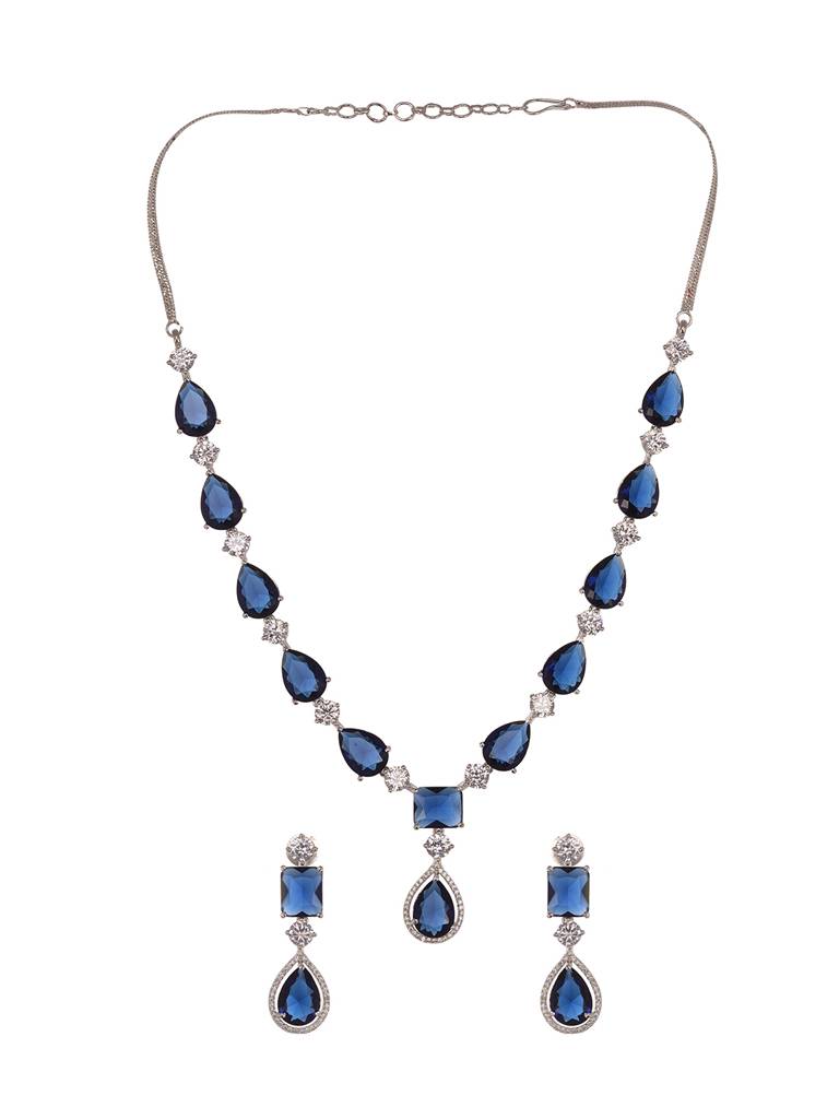 Silver Toned Blue Ad Studfded Designer Necklace Jewellery Set : SJNK1992