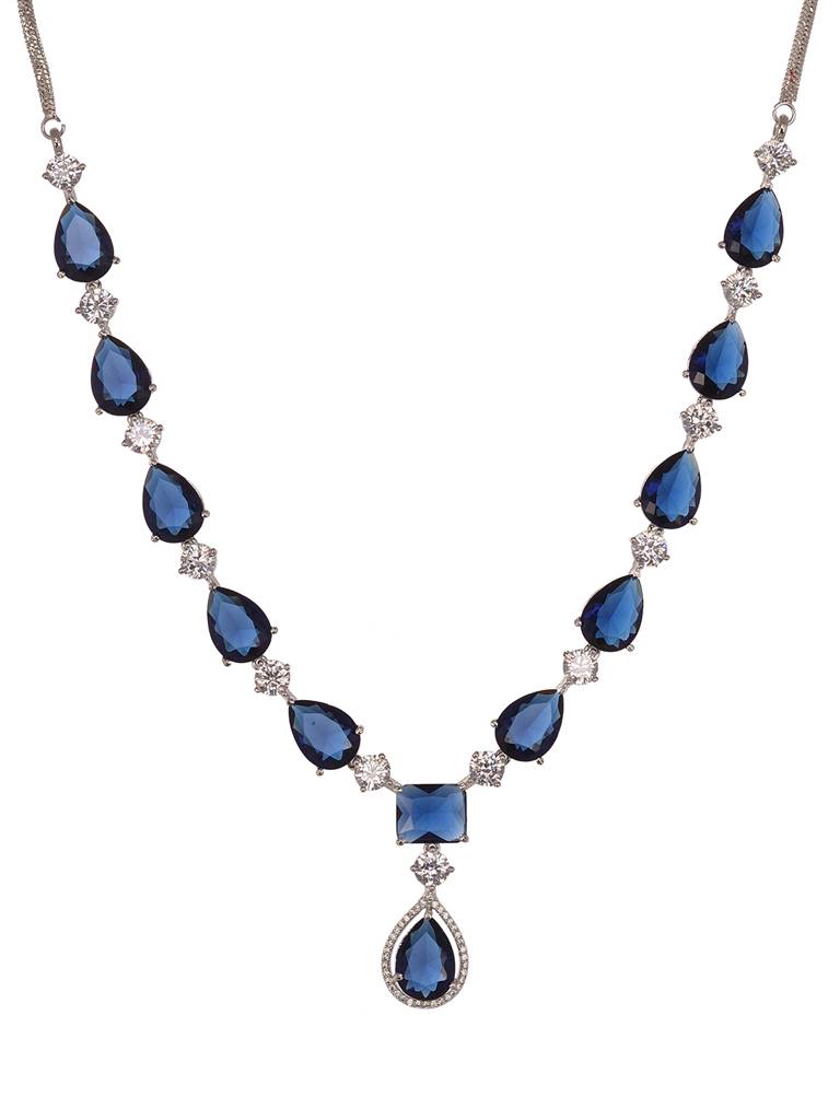Silver Toned Blue Ad Studfded Designer Necklace Jewellery Set : SJNK1992