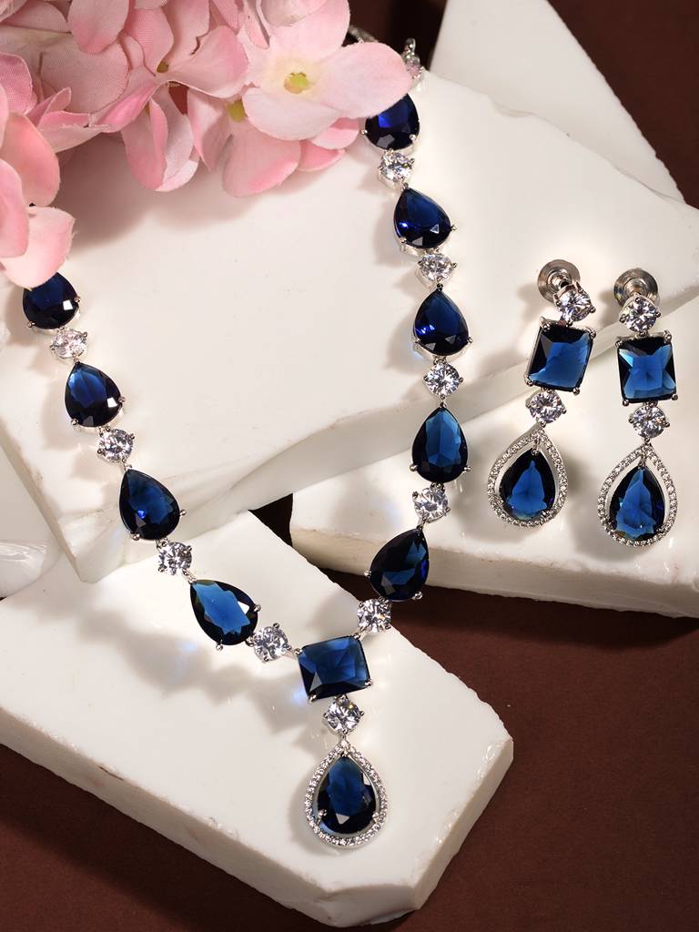 Silver Toned Blue Ad Studfded Designer Necklace Jewellery Set : SJNK1992