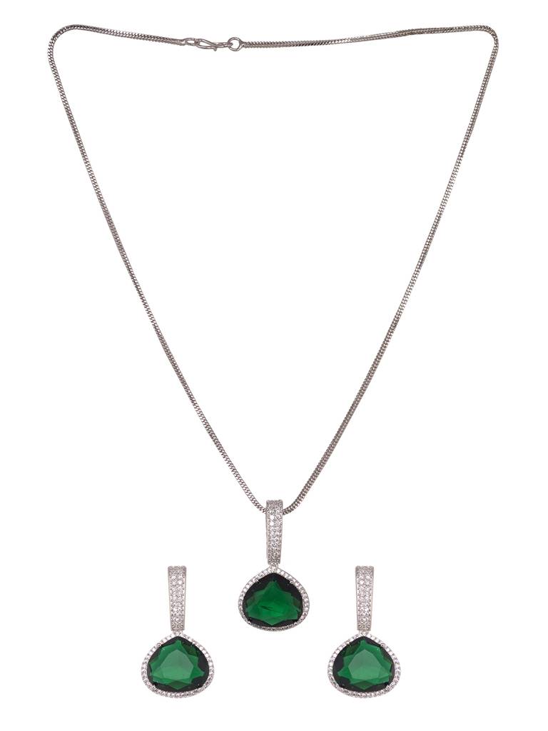 Silver Toned Green Ad Studdeed Elegant Pendant With Earrings Locket Jewellery Set : SJLK1993