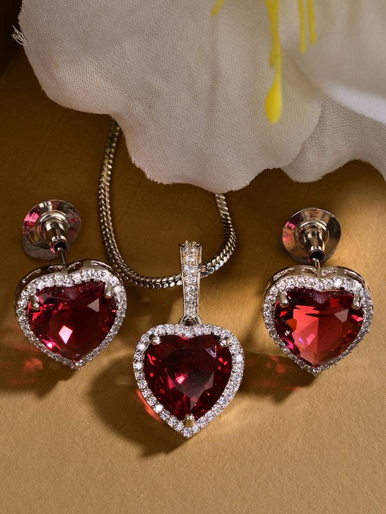 Silver Palted Red Ad Studded Heart Shaped Pendant With Earrings Locket Jewellery Set : SJLK1995