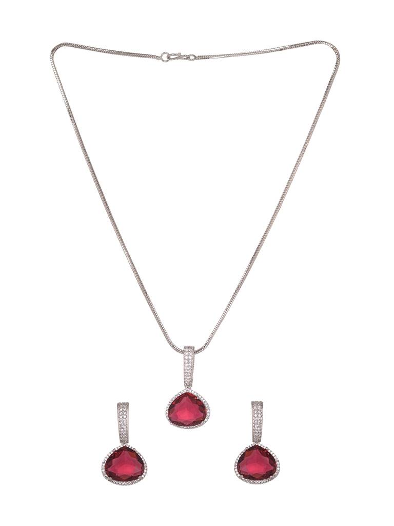 Silver Toned Red Ad Studdeed Elegant Pendant With Earrings Locket Jewellery Set : SJLK1996