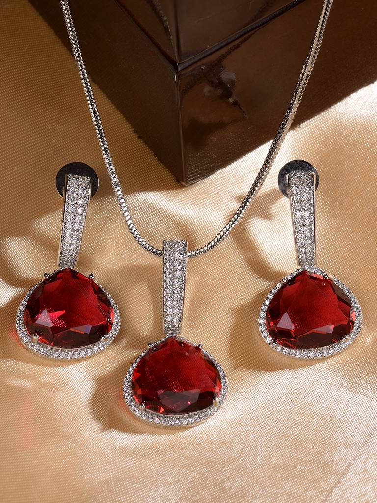 Silver Toned Red Ad Studdeed Elegant Pendant With Earrings Locket Jewellery Set : SJLK1996