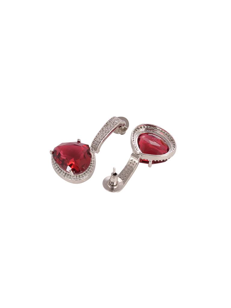 Silver Toned Red Ad Studdeed Elegant Pendant With Earrings Locket Jewellery Set : SJLK1996