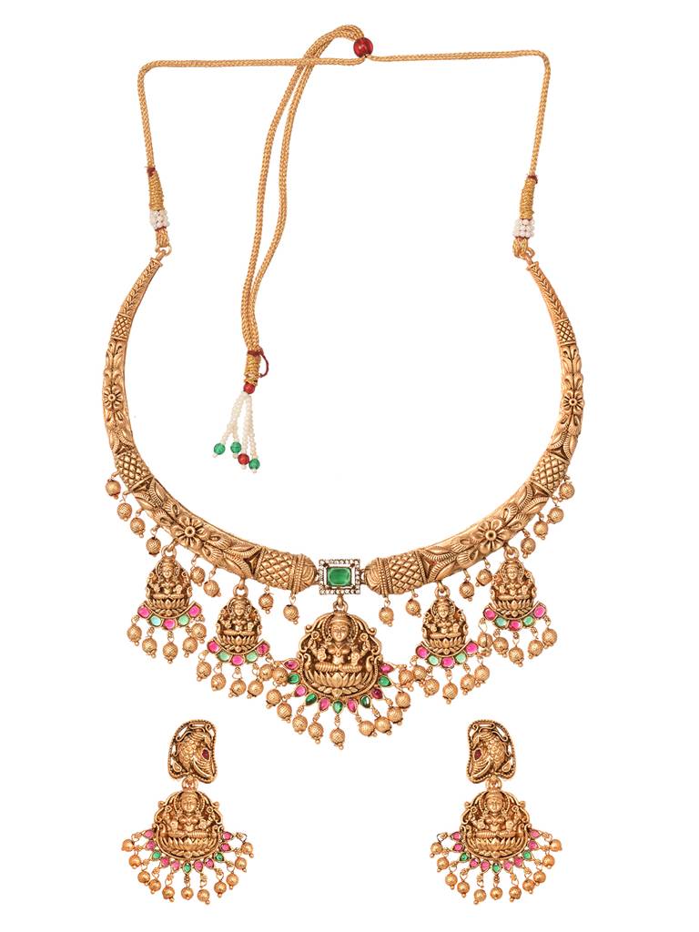 Gold Plated Multi Stone Studded Pearl Beaded Handcrafted Temple Jewellerey Set : SJNK1999