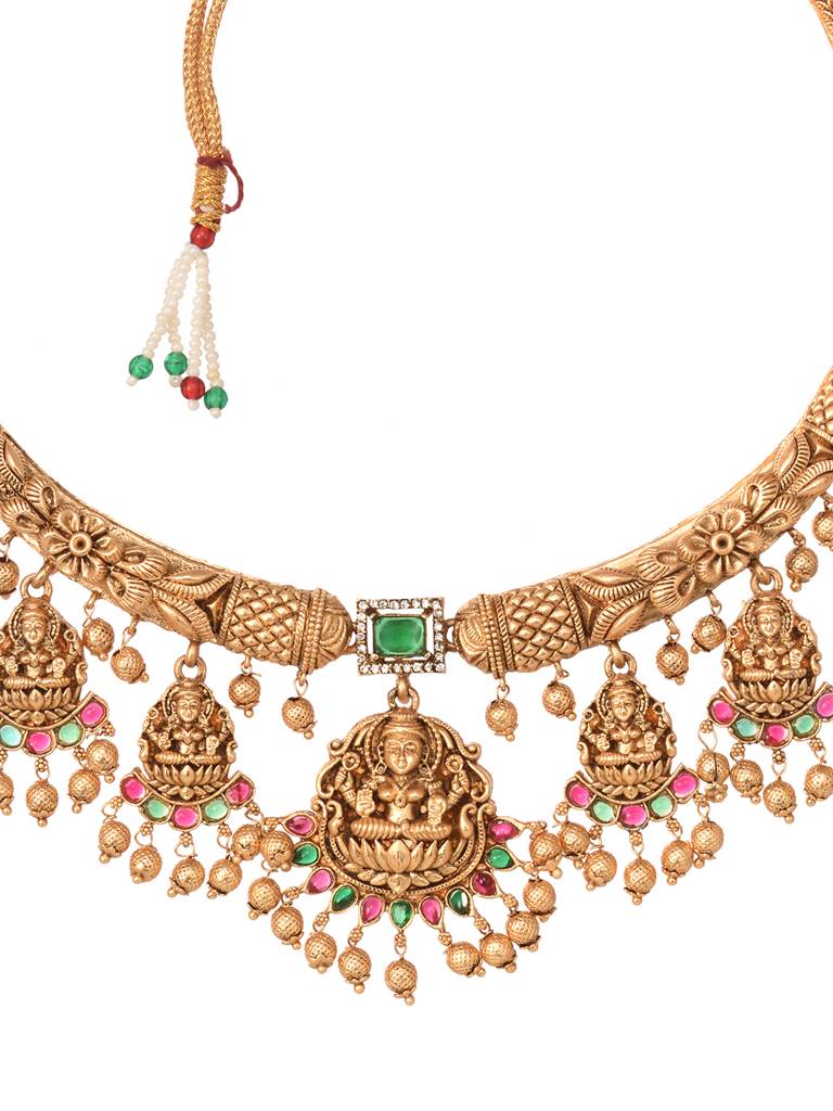 Gold Plated Multi Stone Studded Pearl Beaded Handcrafted Temple Jewellerey Set : SJNK1999