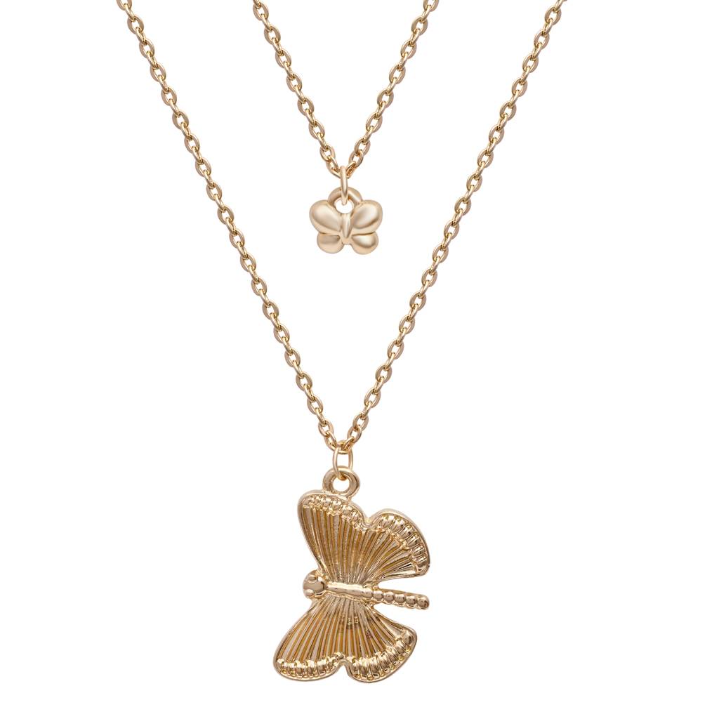 Gold Plated Brass Layered Butterfly Pendant Necklace : SCDELPS0457