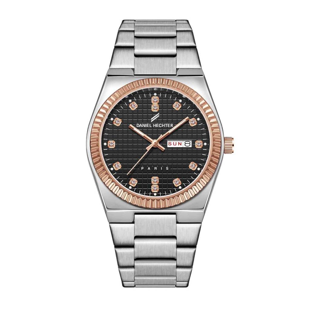 Daniel Hechter Hoche Collection Classic Analog Watch For Men – Textured Dial,Crystal Indices With Fluted Bezel, D : DHM1027-11